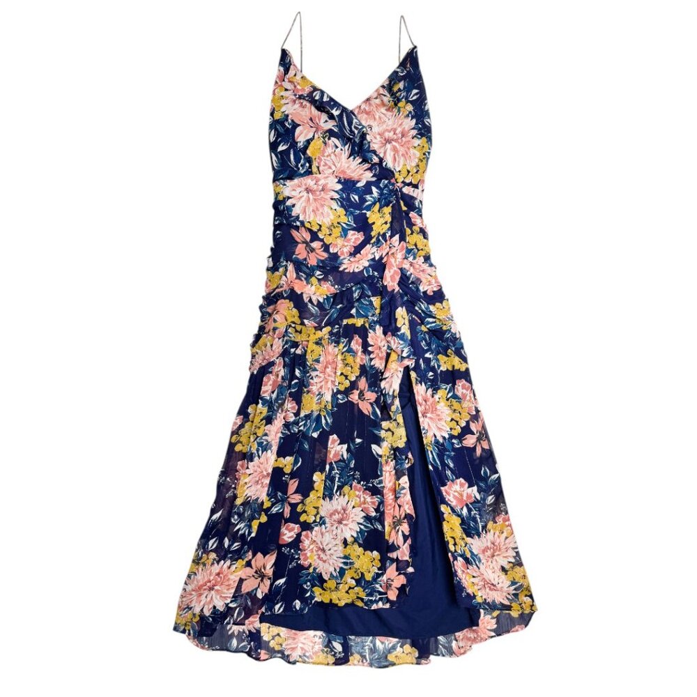 LULUS STUNNING SOIREE NAVY FLORAL PRINT RUCHED MIDI DRESS GARDEN GIRL L
